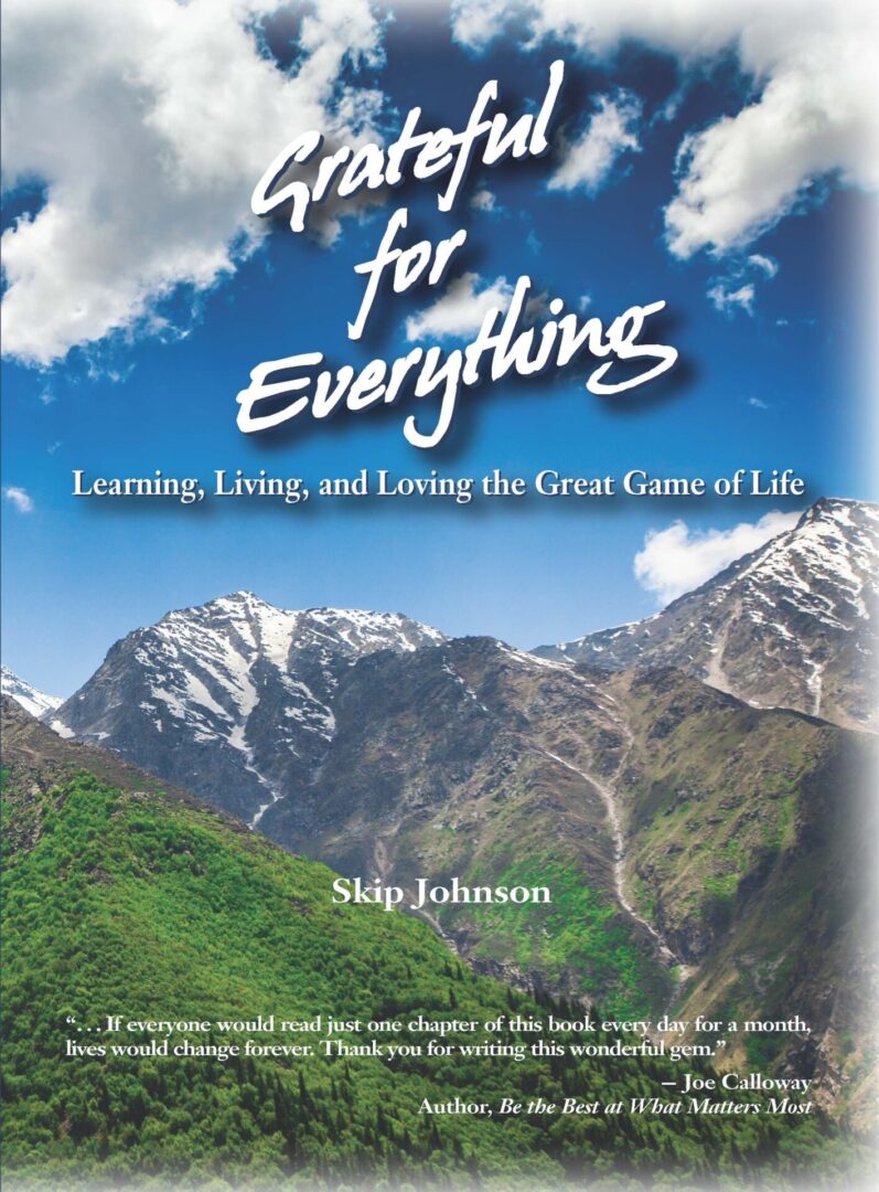 A book cover with mountains and the words " gratitude for everything."