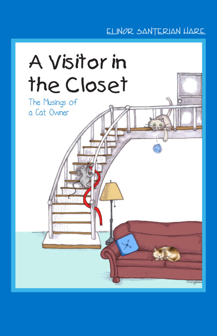 Book cover illustration of A Visitor in the Closet peeking from a closet upstairs while another cat sleeps on a sofa, depicting whimsical scenes from a cat owner's life.