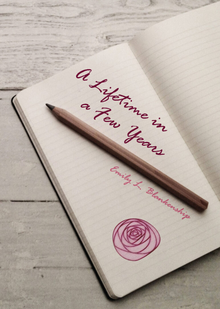 An open notebook with the product "A Lifetime in a Few Years" written in cursive ink, accompanied by a drawing of a rose and a wooden pencil resting on the page.