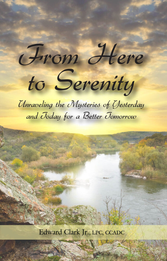 Book cover for 'From Here to Serenity' featuring a scenic river landscape at sunset.