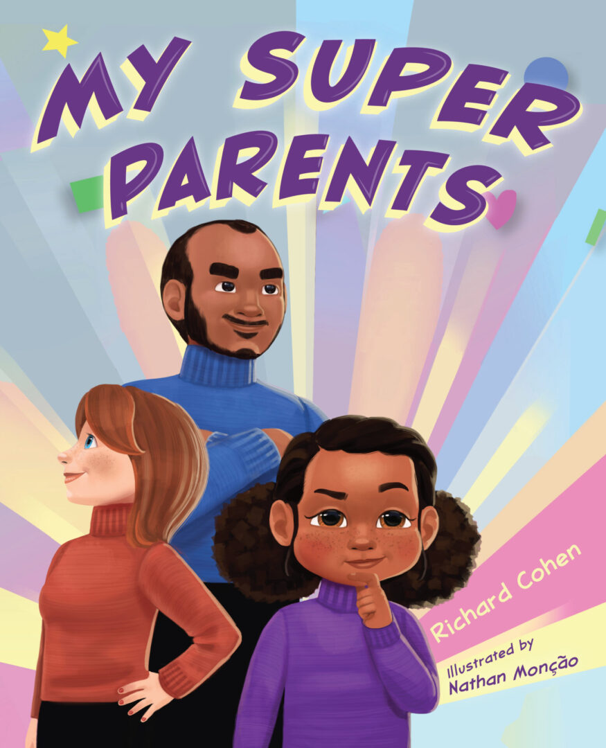 A book cover with three people in front of a rainbow background.