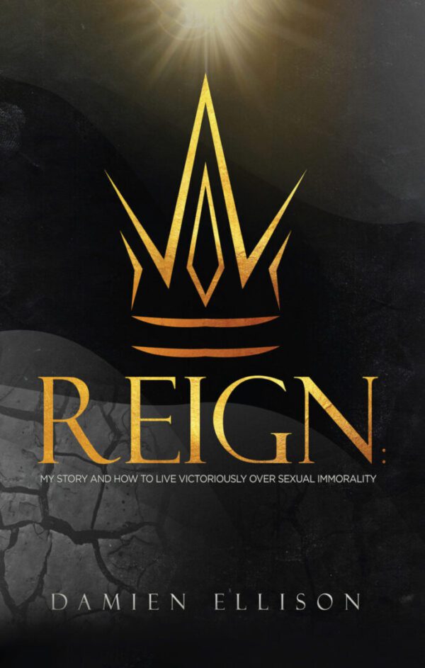 A book cover with the word reign written in gold.