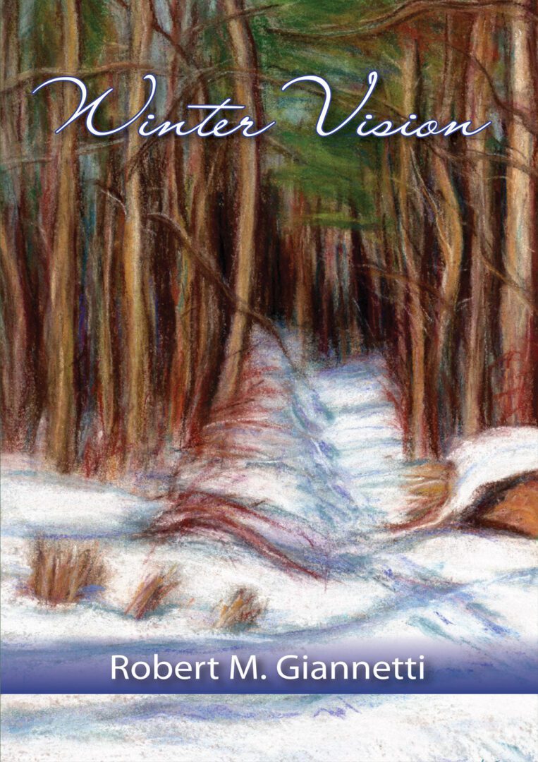 A painting of snow and trees with the words winter vision written in front.