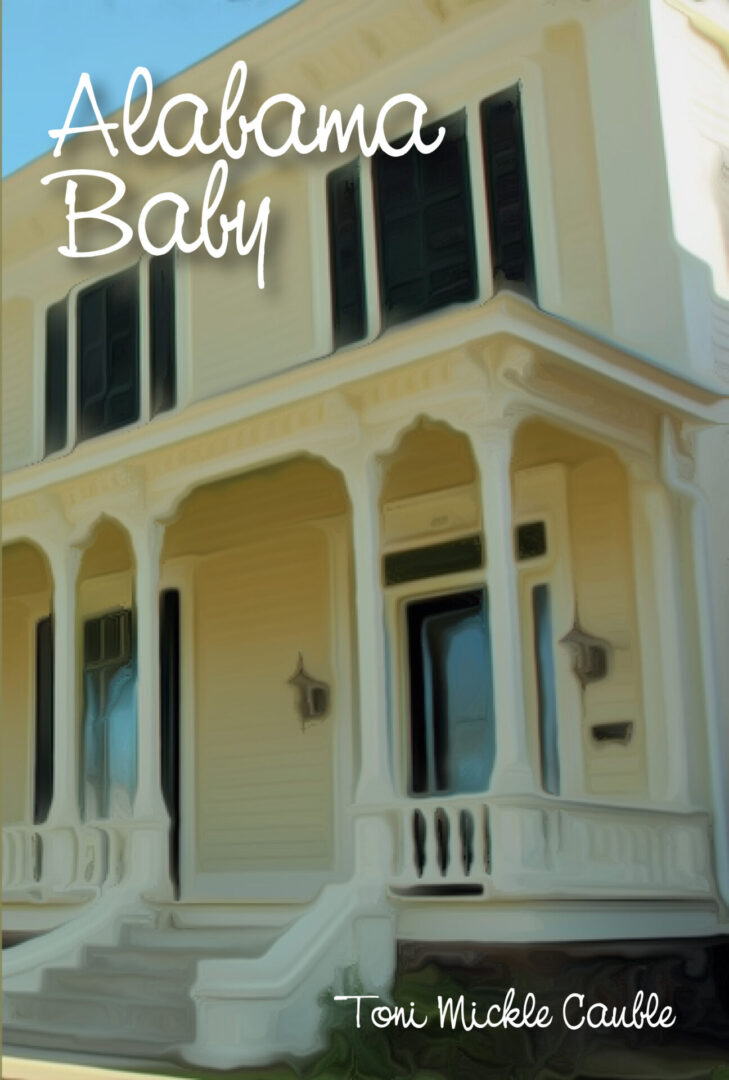 A white house with a baby on the front porch.