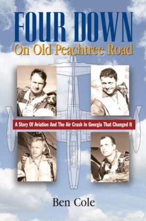 A book cover with four men in front of an airplane.