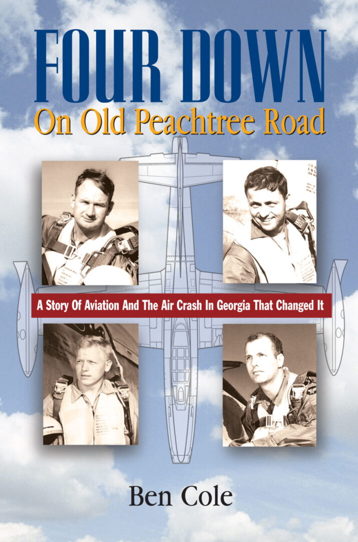 A book cover with four men in front of an airplane.