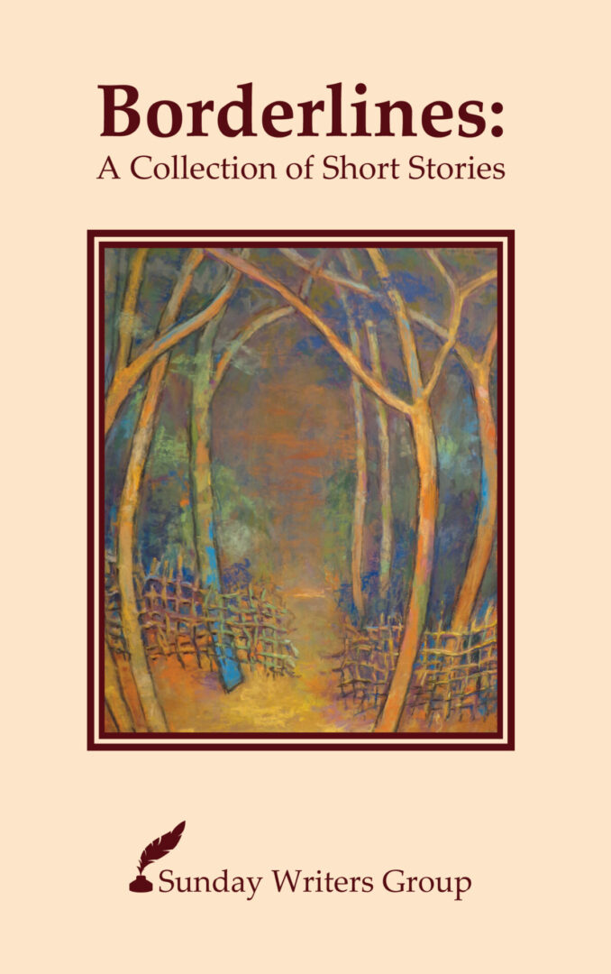 A painting of trees and bushes in the woods.