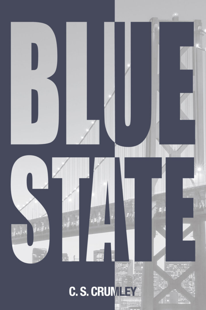 A black and white image of the words blue state.