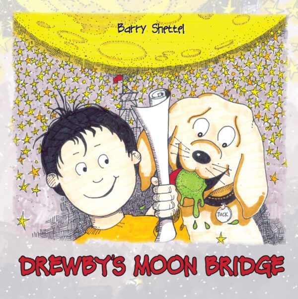 A boy holding a paper next to a dog under a crescent moon, titled "Drewby's Moon Bridge" by Barry Siette.