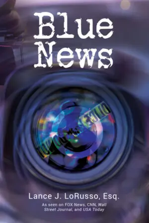 A camera lens with the words " blue news ".