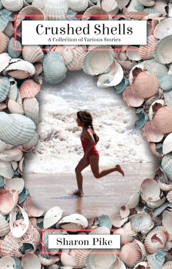 A woman running on the beach surrounded by shells.