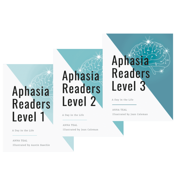 Three books are shown with the title of aphasia readers level 1, 2 and 3.