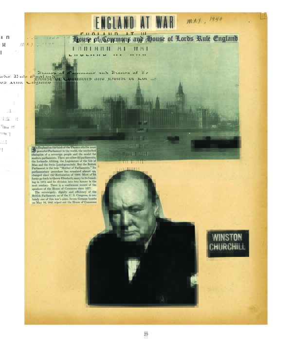 An archival page featuring the houses of parliament and a portrait of winston churchill with the text "house of commons and house of lords rule england" dated may 1940. World War II, from Europe to the Pacific