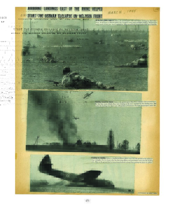 Vintage military photographs depicting airborne landings and ground troops in action during World War II, from Europe to the Pacific.