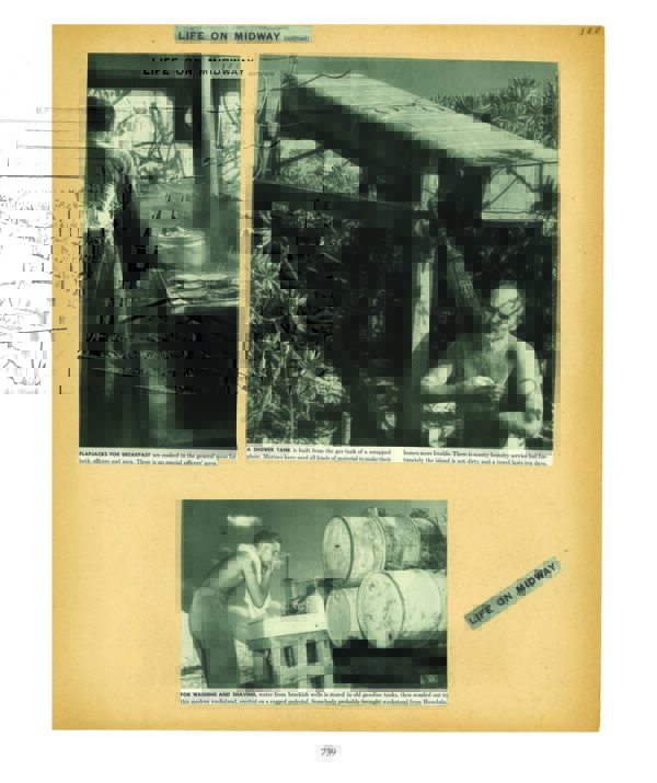 Vintage magazine page depicting "life on midway" with black-and-white photographs of military personnel performing various tasks during World War II, from Europe to the Pacific.