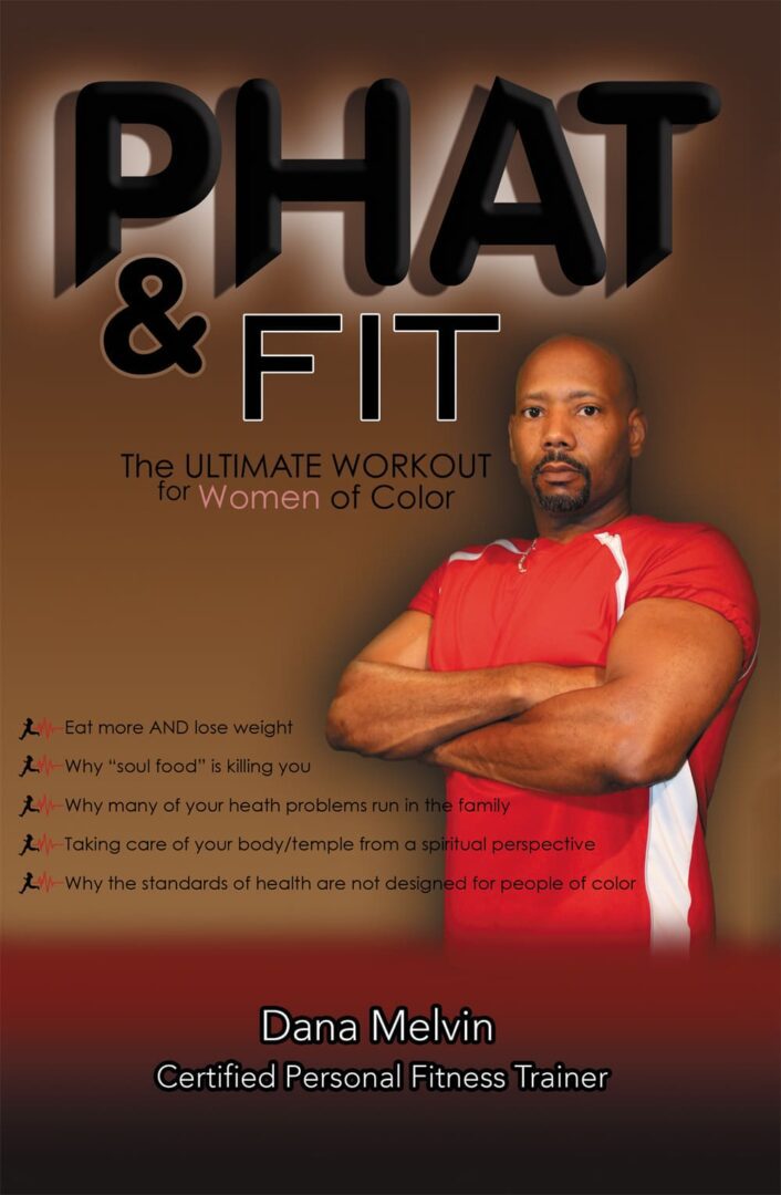 Fitness instructor stands confidently with folded arms in front of promotional material for the Phat and Fit workout program targeted at women of color.