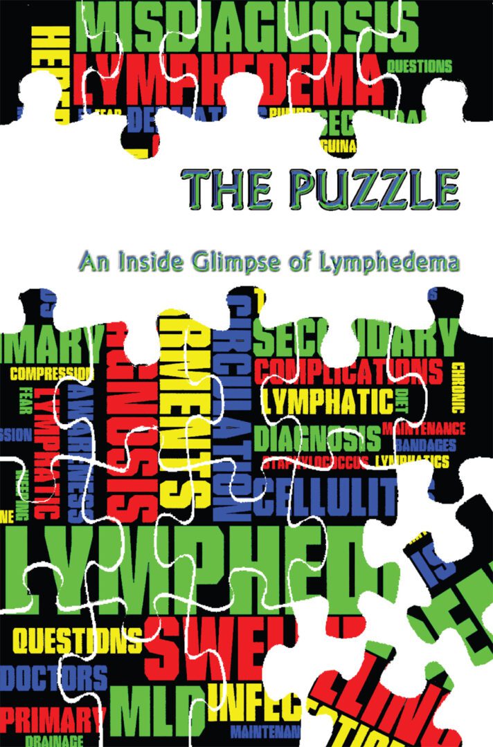 A colorful The Puzzle: An Inside Glimpse Of Lymphedema-themed graphic representing an 'inside glimpse of lymphedema,' with text related to the condition dispersed throughout the puzzle pieces.