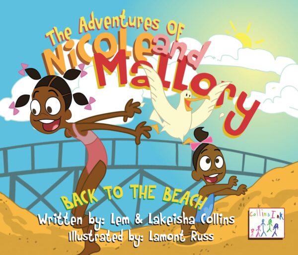 Colorful book cover illustration of "The Adventures of Nicole and Mallory: Back to the Beach" featuring two joyful animated characters on a beach setting, with one character surfing in the air and the other running excitedly, with palm trees and a sun in the background.