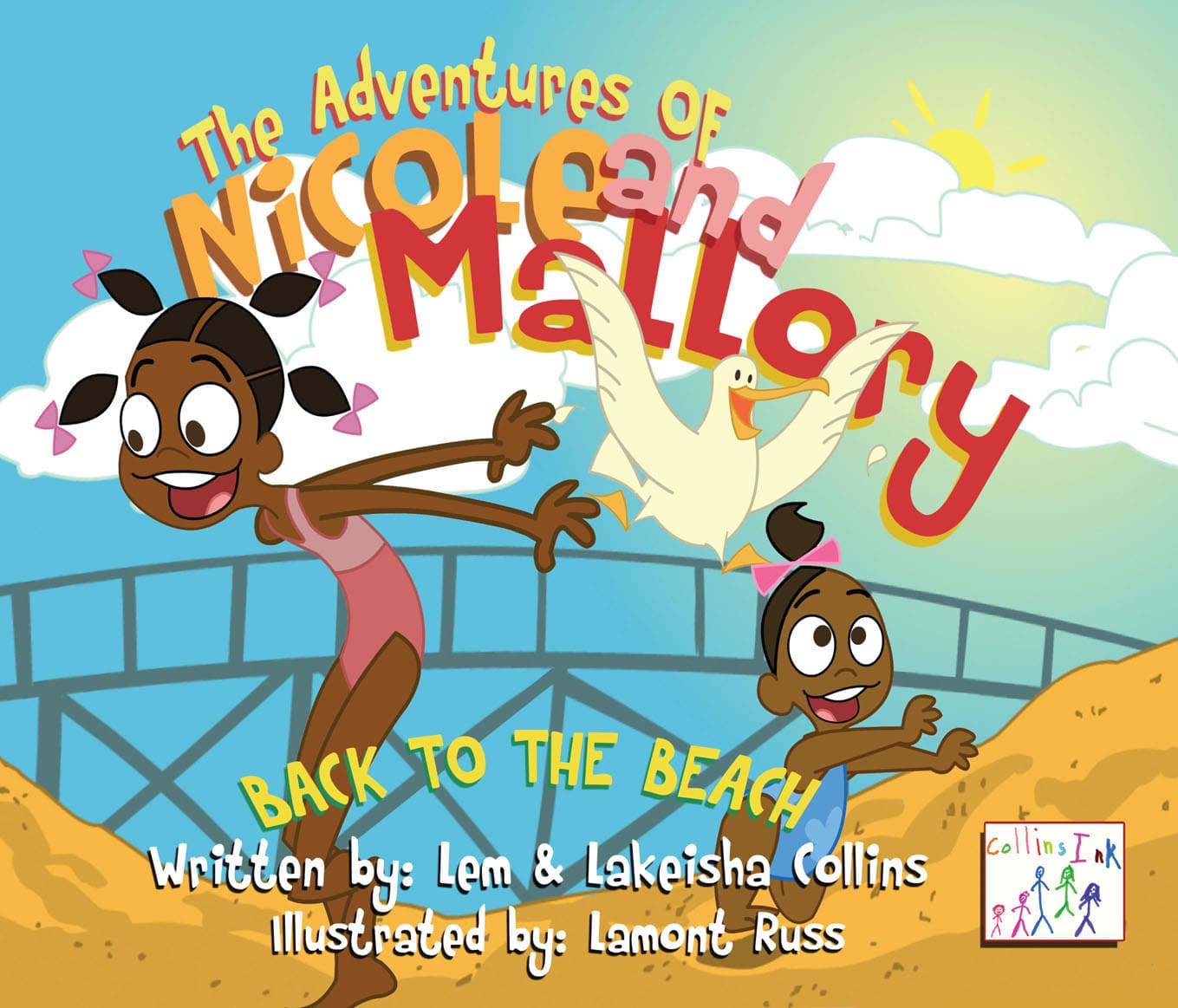 Colorful book cover illustration of "The Adventures of Nicole and Mallory: Back to the Beach" featuring two joyful animated characters on a beach setting, with one character surfing in the air and the other running excitedly, with palm trees and a sun in the background.