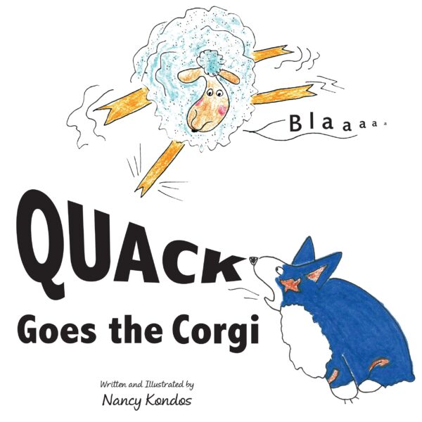 Illustration of a QUACK Goes the Corgi sneezing with a comic "quack" sound effect.