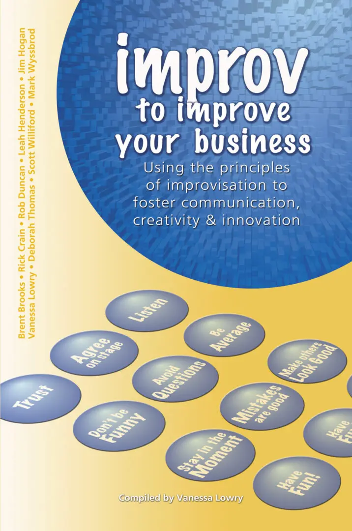 A book cover titled "Improv to Improve Your Business" with a subtitle about using improvisation principles to foster communication, creativity, and innovation, featuring scattered, reflective buttons with various business-related terms, compiled by Vanessa Lowry.