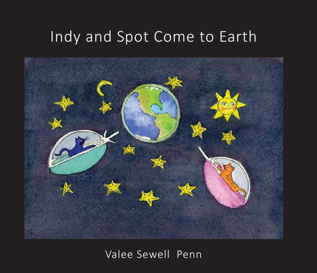 A watercolor illustration featuring Indy and Spot Come to Earth surrounded by stars, with two comical spacecrafts, one containing a dog and the other a cat, approaching earth.