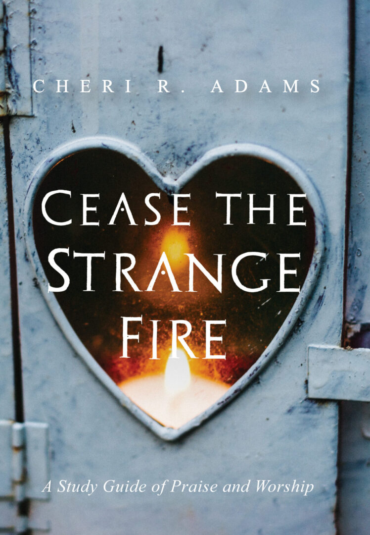 A book cover with a heart-shaped cutout in a door, showing a candle flame, titled "Cease the Strange Fire" by cheri r. adams, subtitled "a study guide of praise and worship".