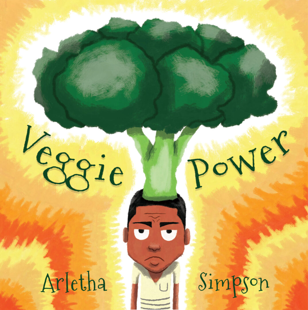 Illustration of a person with a large Veggie Power for a hairstyle, with the words "veggie power" above and the names "arletha simpson" below.