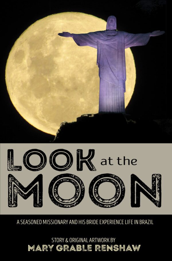 Silhouetted statue against a full moon with "Look at the Moon" book title and author's name.