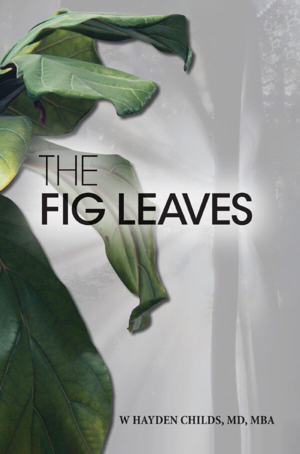 Book cover titled "The Fig Leaves" with an image of fig leaves and a luminous background.