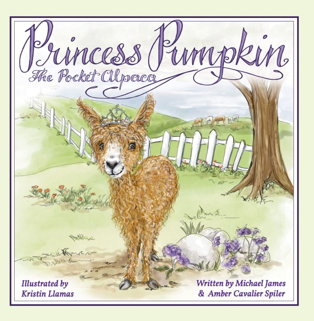 Illustration of Princess Pumpkin the Pocket Alpaca character from a children's book, with a background of a pastoral landscape.