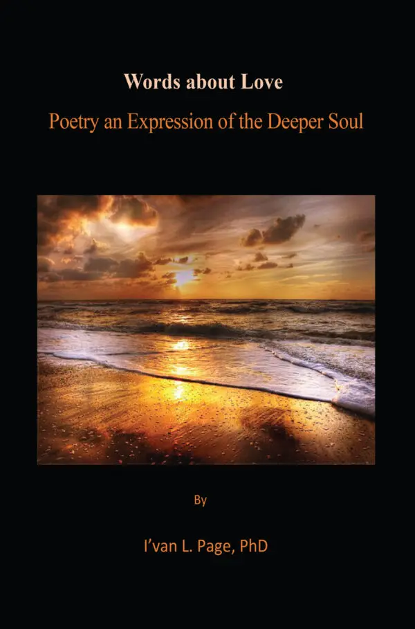 Book cover for "Words about Love" by i'van l. page, phd, featuring a sunset over the ocean.