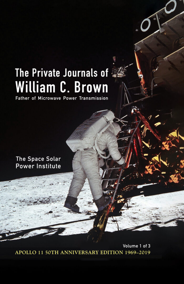 Astronaut on the lunar surface with a commemorative overlay for 'The Private Journals of William C. Brown'.