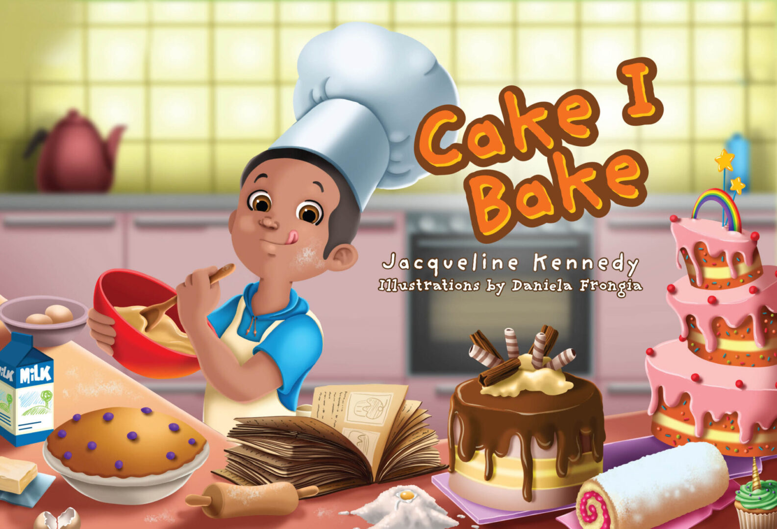 An illustration of a cheerful young chef in a kitchen with baked goods and a cookbook, promoting a book titled "Cake I Bake" by Jacqueline Kennedy.