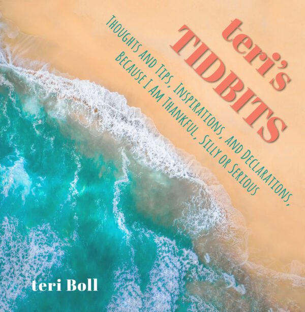 Aerial view of a shoreline with waves crashing, overlaid with text for a book or blog titled "teri's TIDBITS" with various thematic keywords and the author's name, teri boll.