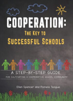 Educational book cover titled "Cooperation - Facilitator's Guide" featuring colorful paper cutout figures holding hands.