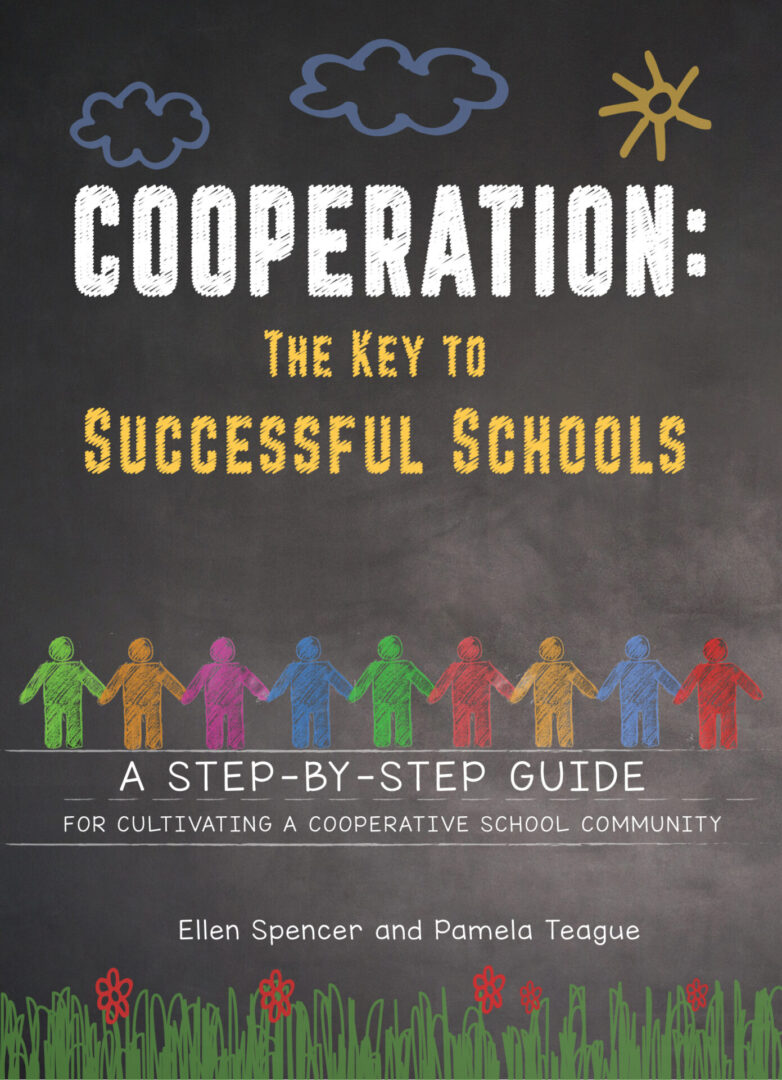 Educational book cover titled "Cooperation - Facilitator's Guide" featuring colorful paper cutout figures holding hands.