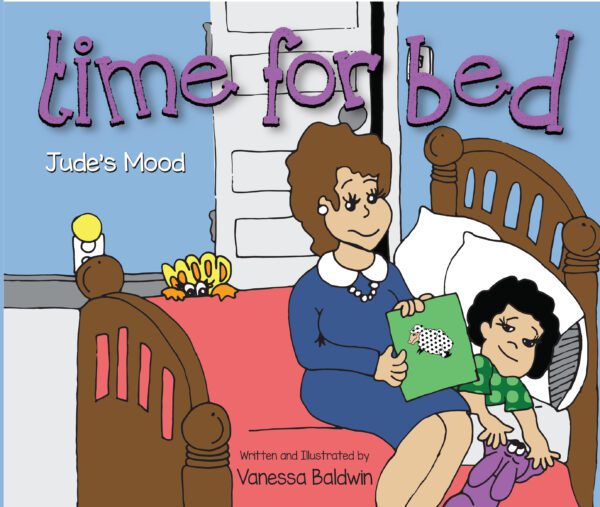 Illustration of a child's bedtime storybook cover, titled "Time for Bed," featuring an illustration of a mother reading to her child, who appears unhappy about going to bed.