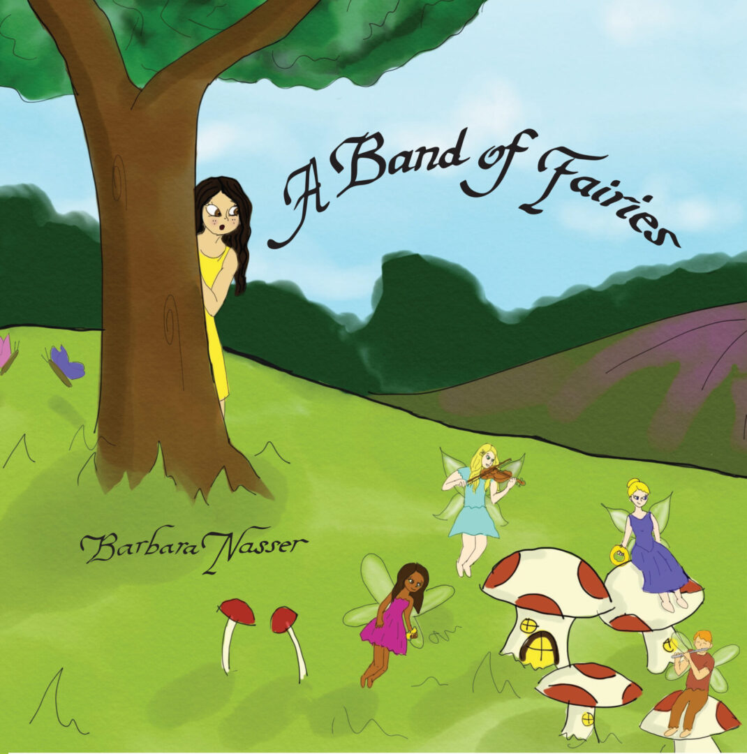 Illustration of the product "A Band of Fairies" book cover titled "a band of fairies" with various fairies depicted in a whimsical landscape.