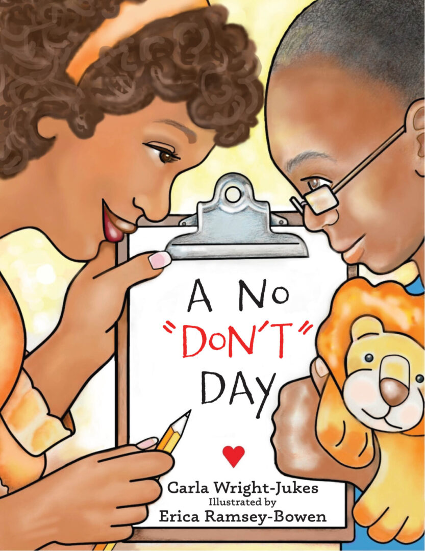 Illustration of a woman and a young child closely examining a paper on a clipboard with the product name "A No 'Don't' Day" written on it.