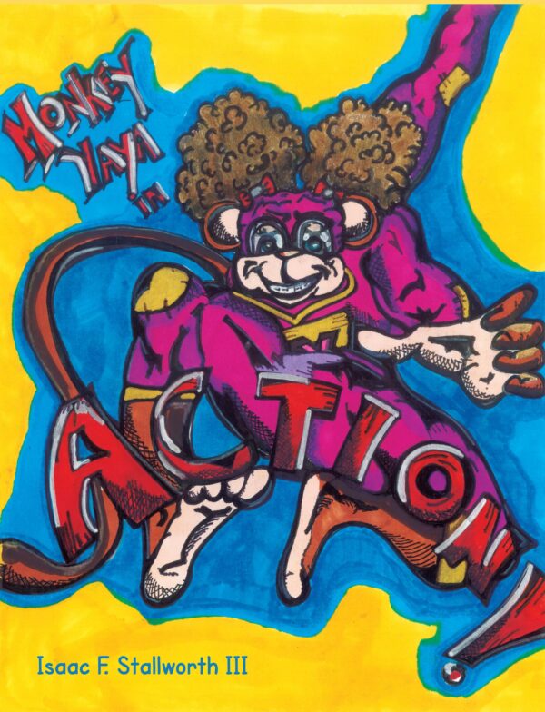 Colorful drawing of Monkey YaYa in Action, with the word "action" prominent in the design.