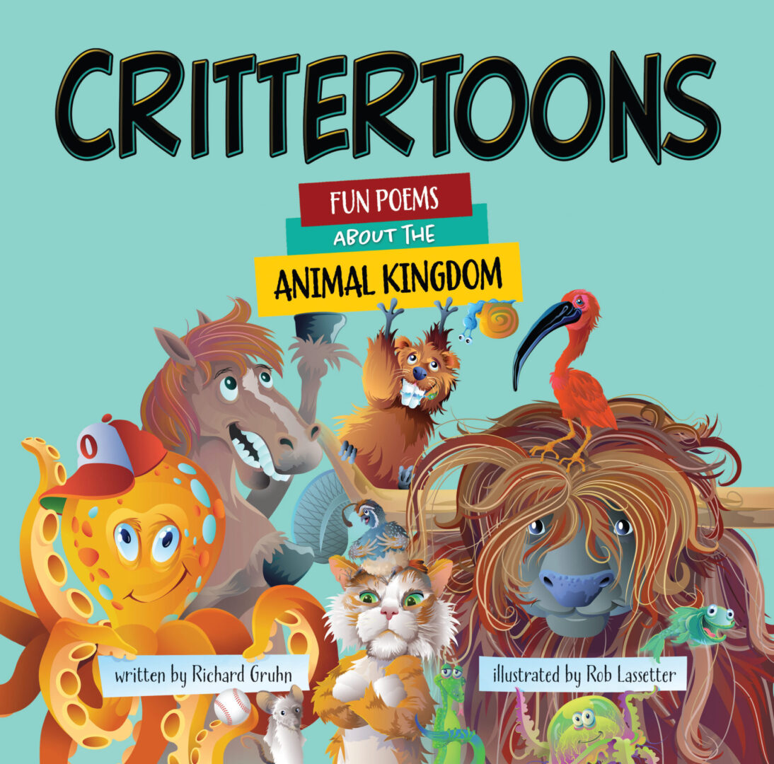 Colorful book cover titled "Crittertoons," featuring cartoon animals and the subtitle "fun poems about the animal kingdom.