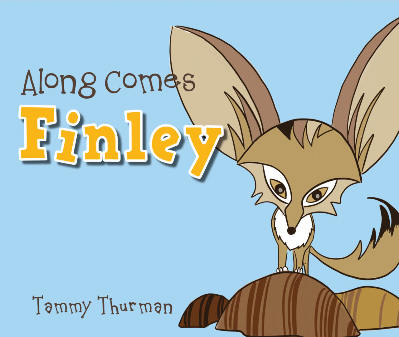 Illustration of a cartoon fox on a book cover titled "Along Comes Finley" by Tammy Thurman.