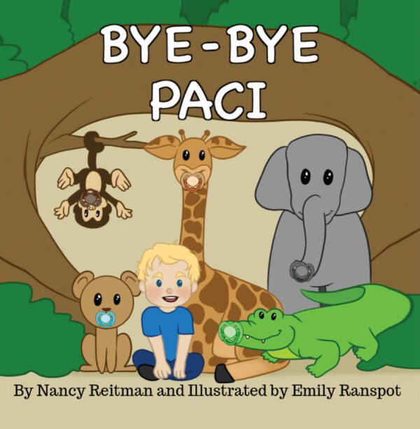 Children's book cover titled "Bye-Bye Paci" featuring illustrations of a boy, animals, and pacifiers.