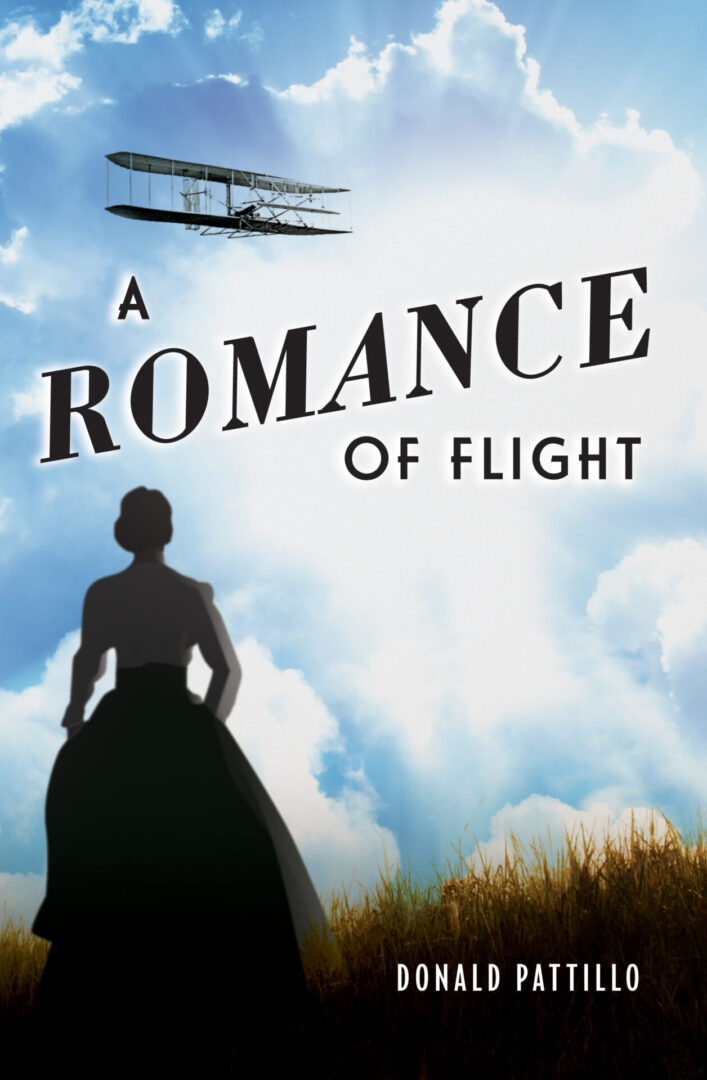 A silhouette of a woman gazing at an early airplane against a cloudy sky background, titled "A Romance of Flight".