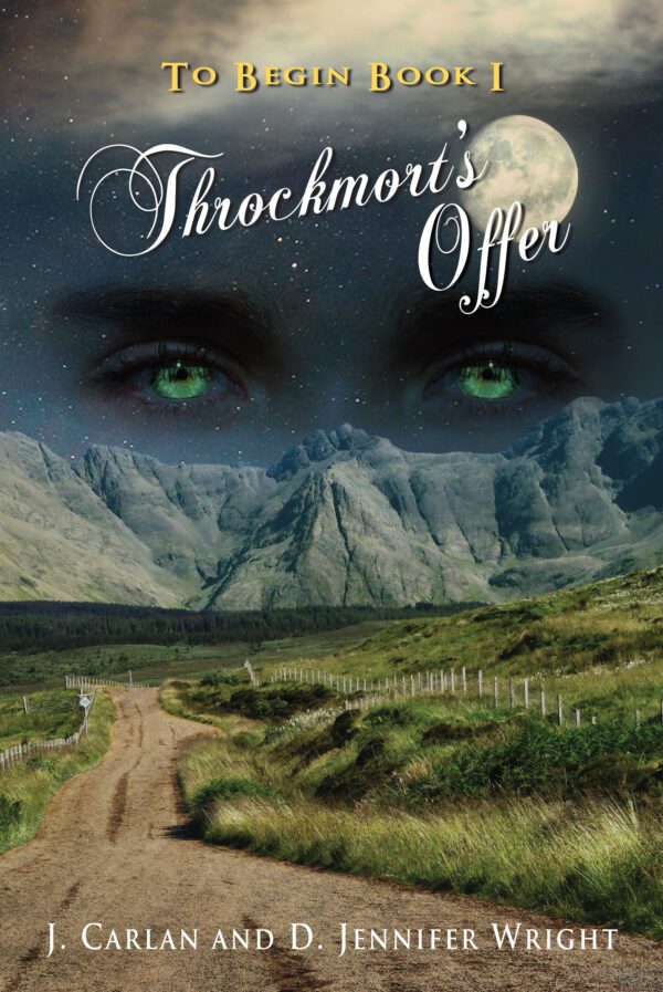 Book cover of "Throckmort's Offer" featuring a composite image of a mountainous landscape with a road and a pair of intense green eyes in the sky.