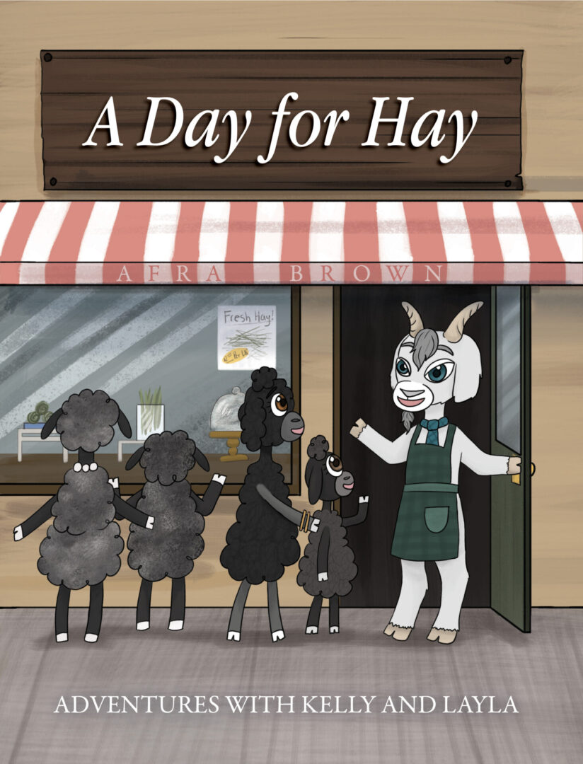 Animated goats dressed in clothing queue outside a store run by another goat, with a sign reading "A Day for Hay.