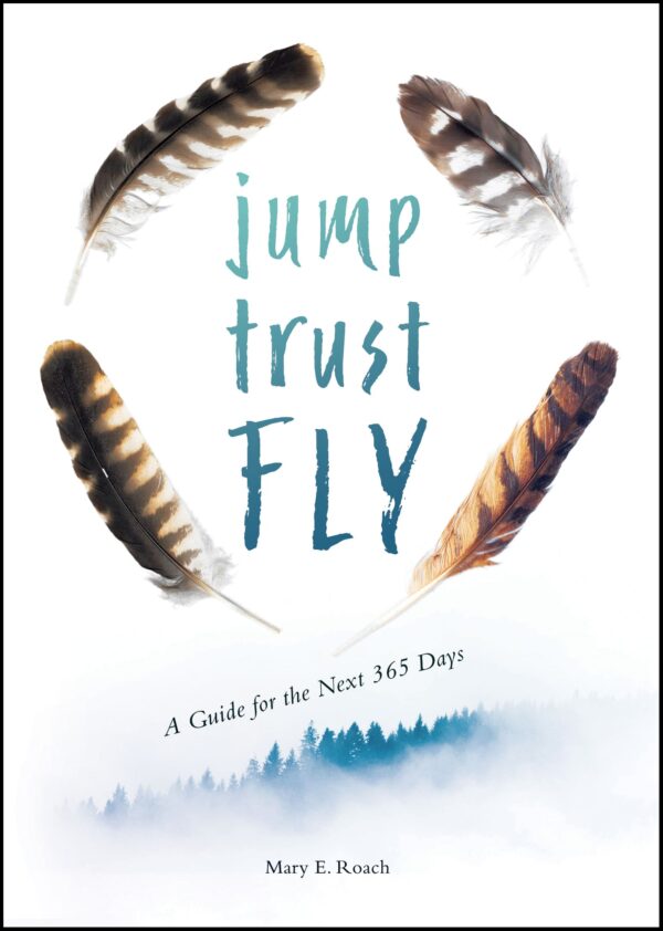 Sentence with replaced product name: Book cover titled 'Jump, Trust, FLY - A Guide for the Next 365 Days' by Mary E. Roach, featuring an arrangement of feathers above a silhouette of trees.