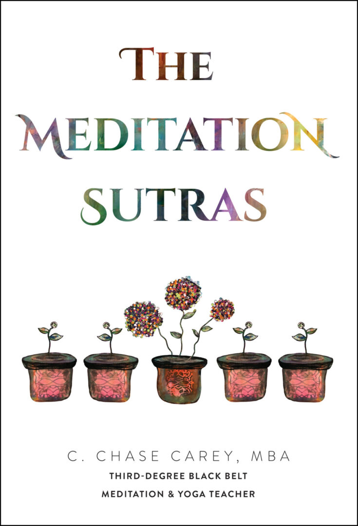 A book cover titled 'The Meditation Sutras' by C. Chase, featuring an illustration of seven flower pots with blooming, colorful designs, indicating a theme of growth or enlightenment.