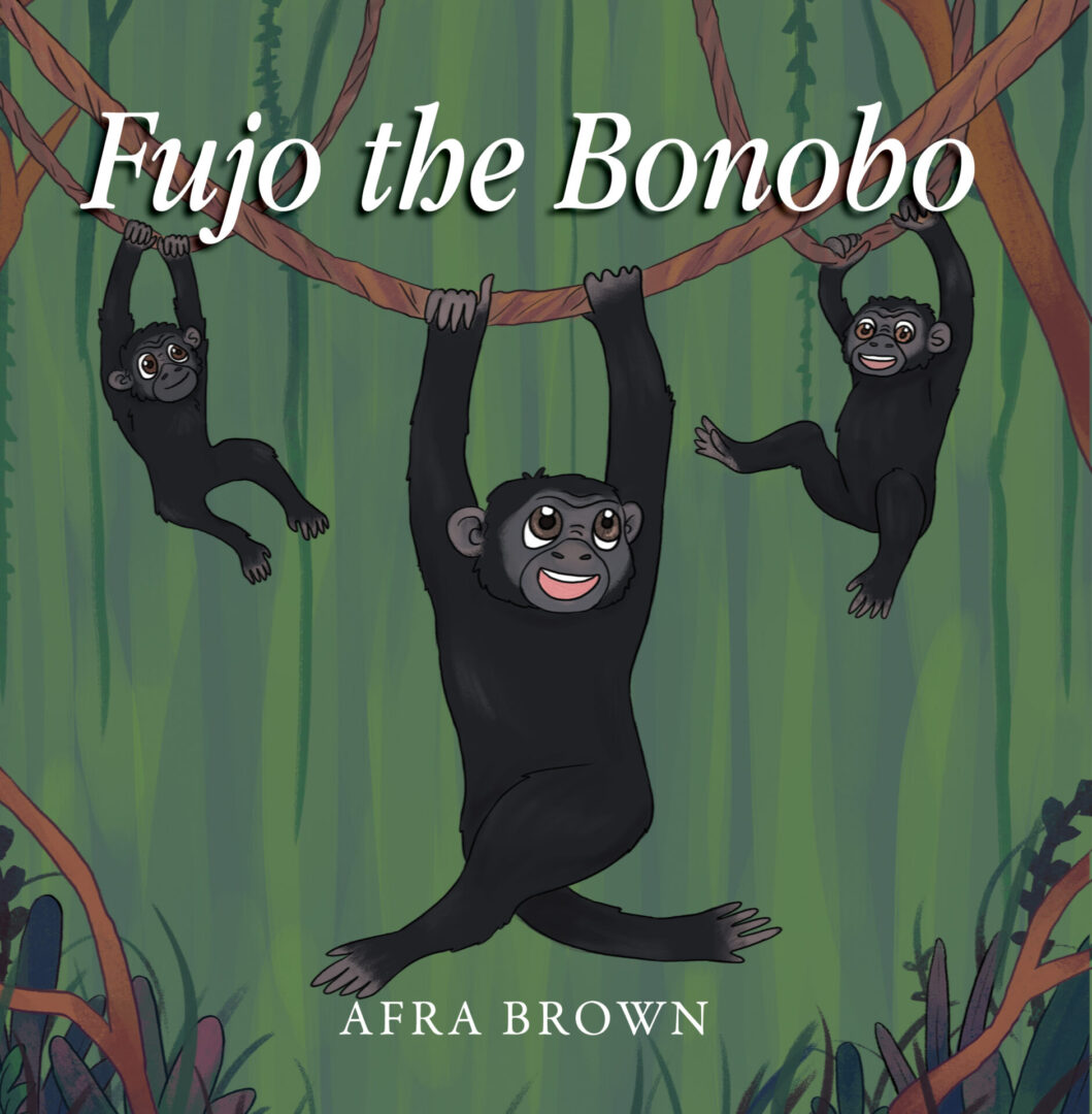 Three animated bonobos swinging in a jungle with the title "Fujo the Bonobo" by Afra Brown.